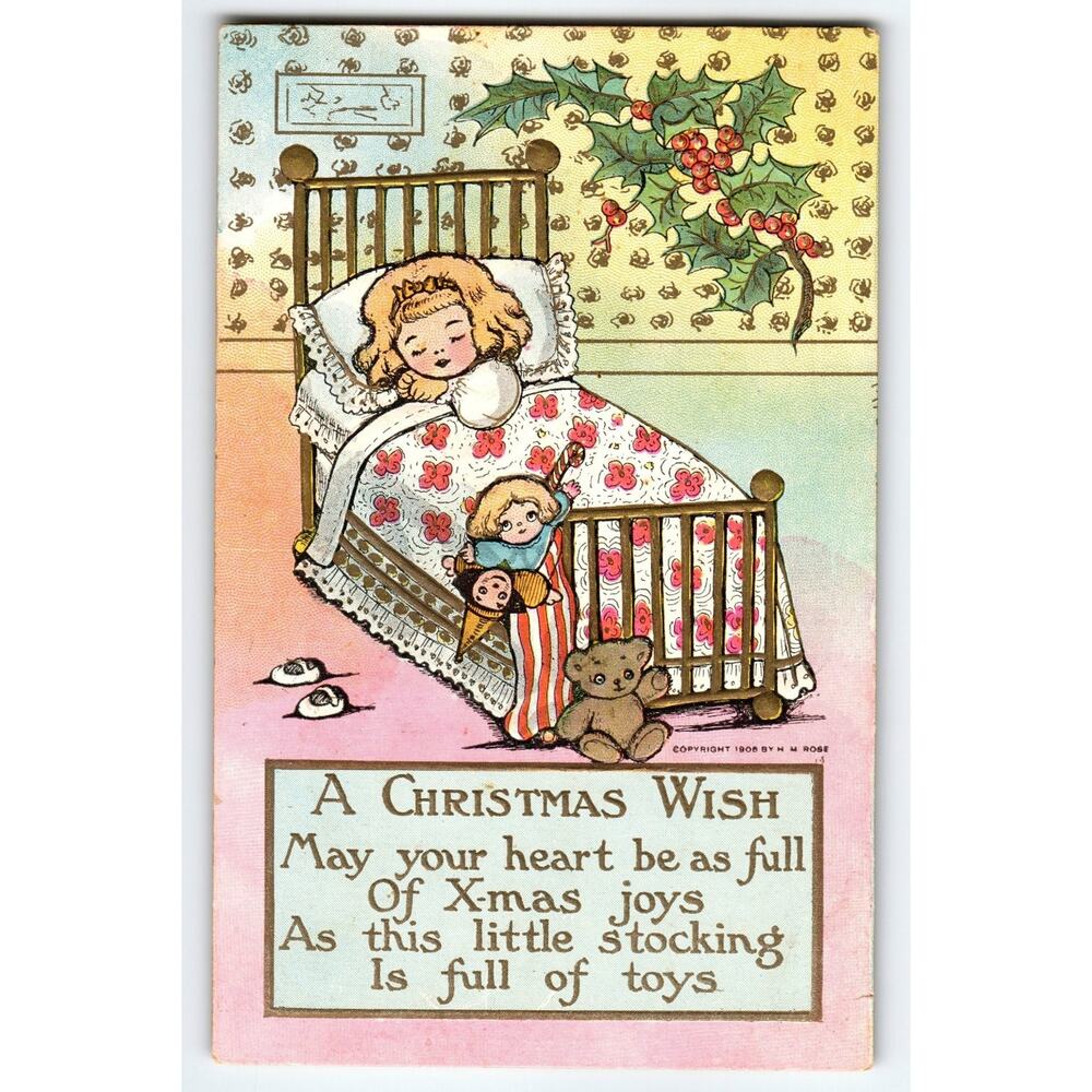 Vintage 1908 Christmas Postcard Sleeping Girl with Toys & Holly
